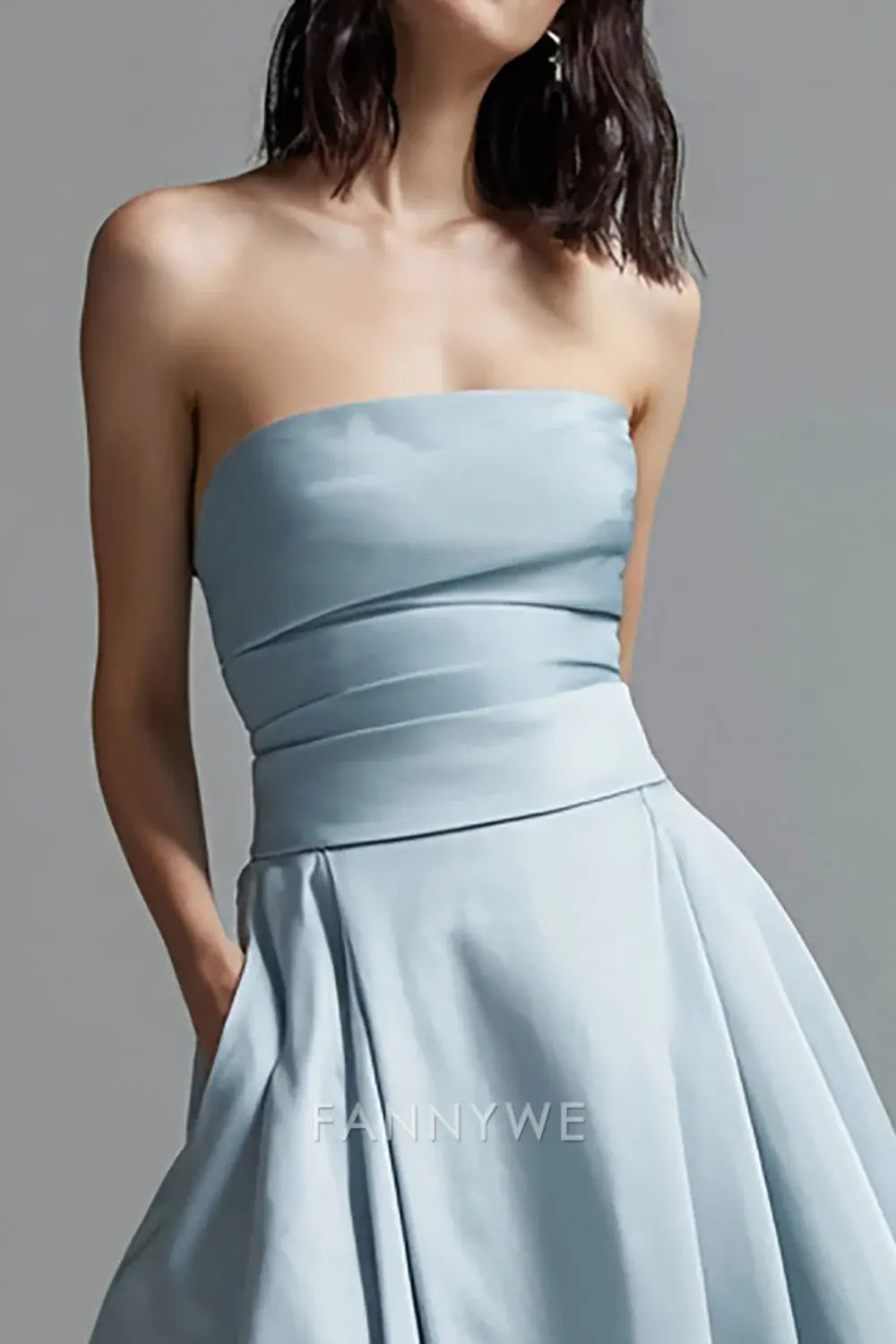 FannyWe Elegant Sky Blue A Line Satin Strapless Ruched Long Formal Dress formal wear dresses